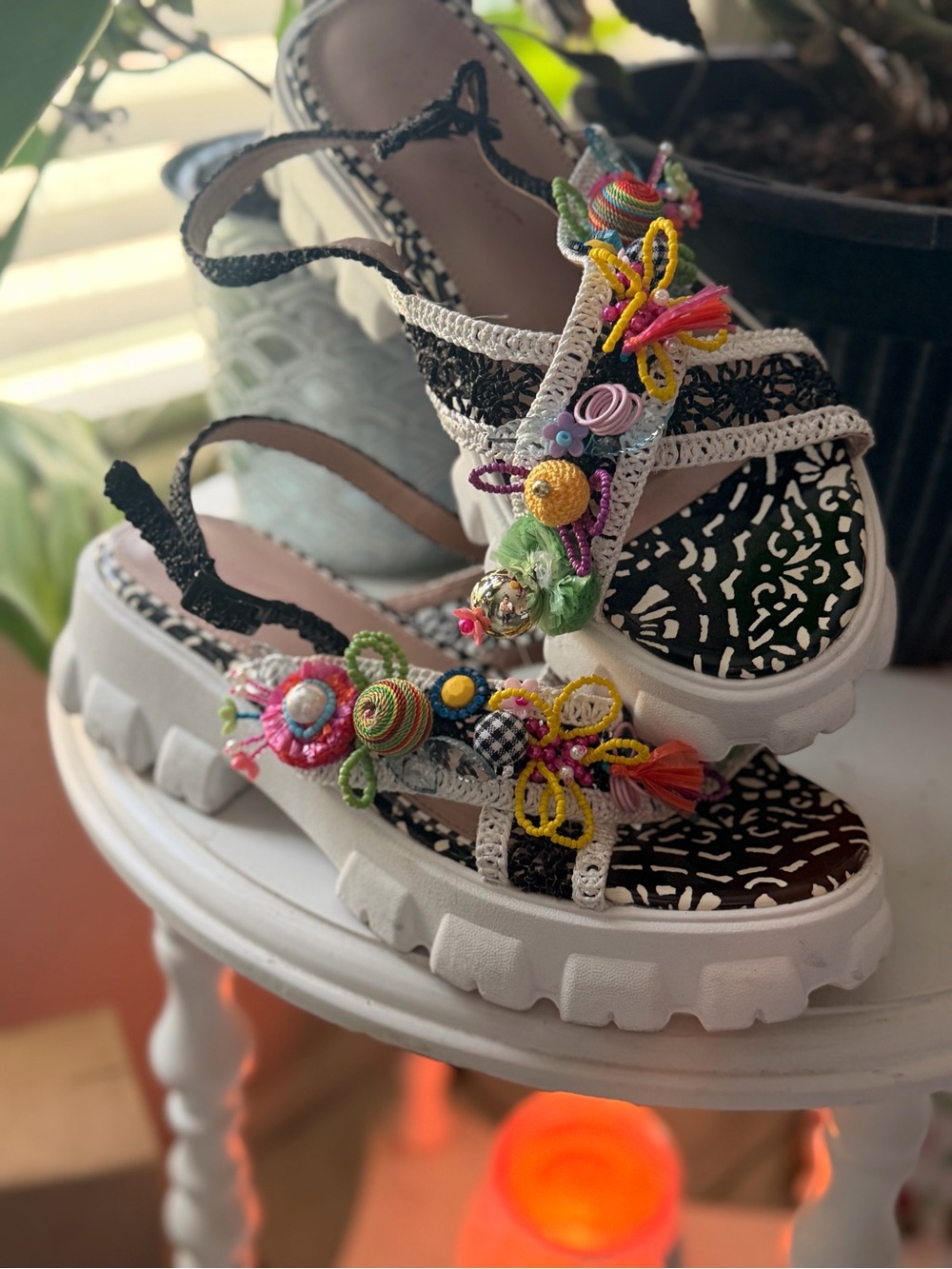 Betsey Johnson Colorful Beaded Platform Sandals - Black & White Base